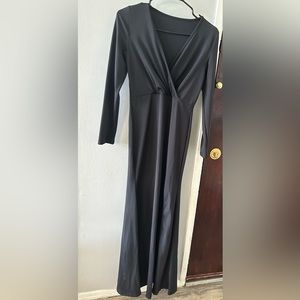 Black V- neck , long sleeve, high waist, side split , long maxi dress